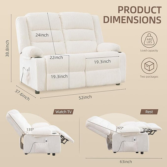 52Inch Power Loveseat Recliner,Electric Reclining Loveseat Sofa,Adjustable Love seat Recliner Sofa for Living Room,Bedroom with Charging Ports (Striped White)