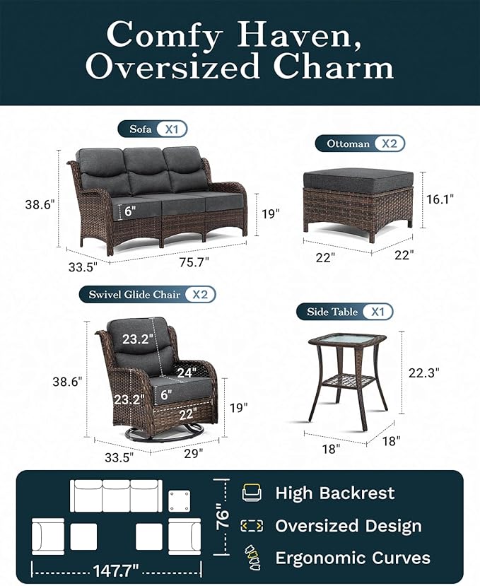High Back Outdoor Furniture with Extra Thick Cushion Patio Swivel Rocking Chairs, Comfort 3-Seat Sofa, 6PCS Oversized Wicker Conversation Set for Porch, Deck, Yard in Dark Gray
