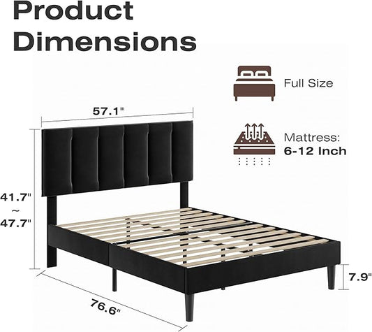 VECELO Full Bed Frame with Upholstered Headboard, Heavy-Duty Platform Bedframe with Strong Wooden Slats Support, No Boxing Spring Needed, Velvet & Black