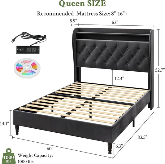 Queen Bed Frame with Tall Headboard, Velvet Upholstered Platform Bed with LED Lights & Charging Station, 52.7"-55" Adjustable/Modern Tufted Wingback Storage Headboard, No Box Spring Needed, Black