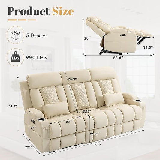 2-Piece Power Reclining Sofa Set, 3-Seater Sofa with Drop-Down Console & 2-Seater Loveseat, Zero Wall Hugger Electric Recliner Couch with Adjustable Headrest, AC Outlets (Light Beige, 3 Seat)