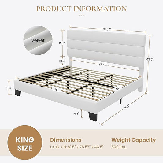 SHA CERLIN King Platform Bed Frame with Velvet Upholstered Headboard, Mattress Foundation with Strong Wooden Slats Support, No Box Spring Needed, White