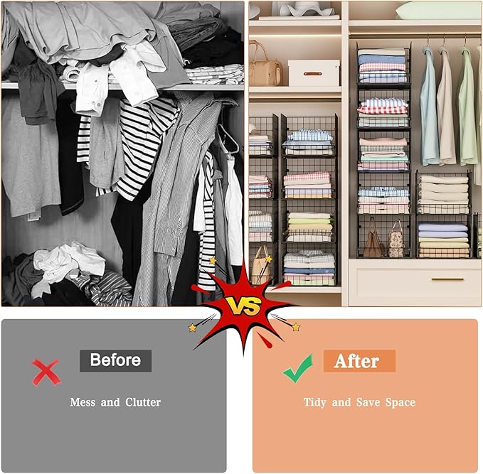 5-Tier Stackable Closet Storage Baskets, Closet Organizers and Storage Shelves, Foldable & Stackable Clothes Storage Bins for Closet Organizer System, Closet Shelf Organizer for Home,Black