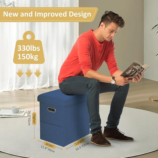 Tall Ottoman with Storage Collapsible Fabric Small Slim Folding Ottoman Furniture with Handles Lid for Room Footrest Foot Stool Linen Navy Blue 16.5x16.5x11.8in