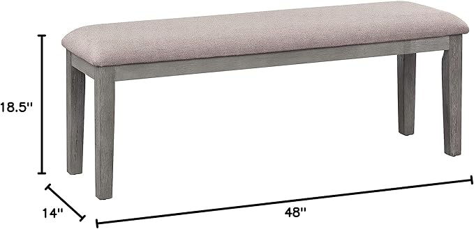 Homelegance Blair Upholstered Dining Bench, 48" W Entryway Bench, Sturdy Solid Wood Frame, Wire Brush Brown Finish, Comfortable Cushion Seat, Easy Assembly, Modern & Traditional - Grey