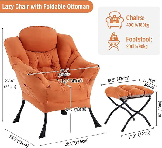 Lazy Chair with Ottoman, Modern Chair with Folding Footrest, Orange Accent Chair, Comfortable Reading Chair, Oversized Armchairs for Bedroom, Study, Living Room, Courtyard