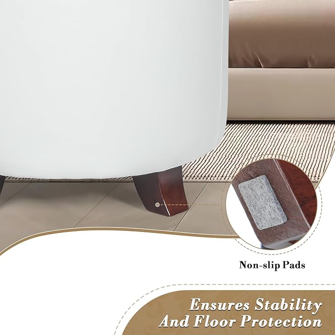 Athena Collection 20 Inch Small Ottoman with Storage, Round PU Leather Storage Ottoman with Removable Lid, Stylish Footstool Foot Rest for Living Room, Bedroom, Dorm, White