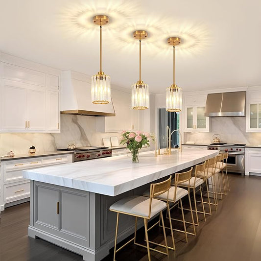 Gold Pendant Lights Kitchen Island, Modern Crystal Pendant Light Fixtures, Kitchen Hanging Lights Mini Chandelier Pendant Lighting for Island Dining Room Hallway Bedroom