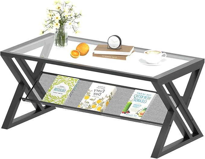 Glass Coffee Table Living Room Table with Storage Shelf, Black Glass Table Simple Modern Rectangular Tables with Sturdy Black Metal Frame,Industrial Glass Coffee Table for Bedroom Home Office