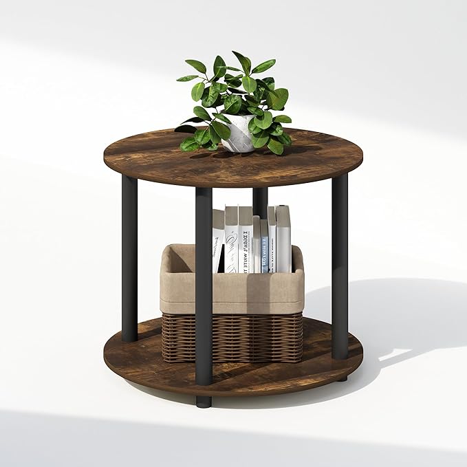 Furinno Turn-N-Tube Side Table, 2-Tier Round End Table with Open Shelf, Night Stand, Bedside Table, Toolless Assembly, for Living Room, Bedroom, Amber Pine