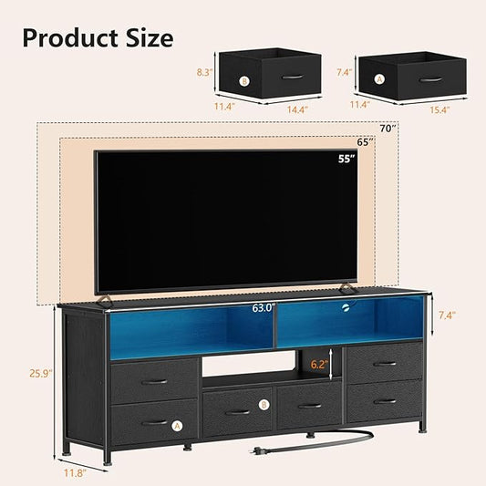 Furologee TV Stand for 65 70 Inch TVs, 63 Inch Entertainment Center Dresser for Bedroom, 6 Drawers Dresser with Power Outlets and LED Lights, Media Console with PU Leather Surface for Living Room