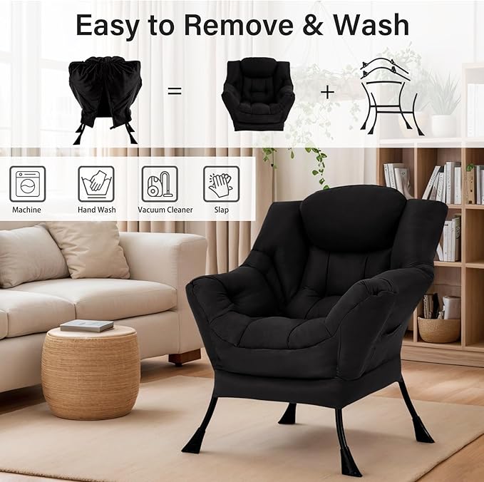 Lazy Chair for Living Room, Modern Accent Chairs with Armrests, Black Armchairs with Side Pocket, Cozy Lazy Sofa for Reading, Balcony, Bedroom, Dorm, Small Spaces