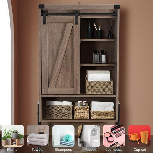 Over The Toilet Storage Cabinet, Behind Toilet Bathroom Organizer with Adjustable Shelves, Above Toilet Organizers with Barn Door, Space Saver for Restroom, Bathroom, Laundry, Grey