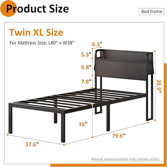 16 Inch Twin XL Bed Frames with Headboard, Metal Bed Frame Twin XL Storage Wood Headboard No Box Spring Needed, Noise Free, Black
