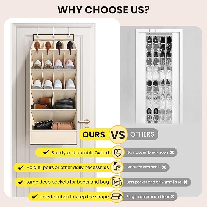 15 Pockets Over the Door Shoe Organizer, Shoe Rack for Closet Door with Large Breathable Pockets, Hanging Shoes Rack for Boots Size, Behind the Door Organizer Shoe Holder for Flexible Storage, Beige 