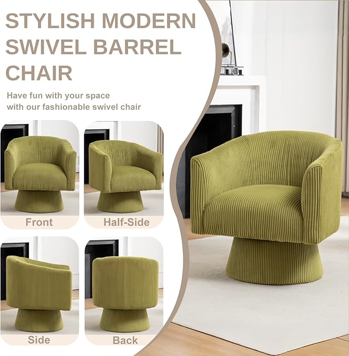 Swivel Accent Chair, Modern 360° Barrel Chair, Corduroy Upholstered Single Sofa for Living Room, Bedroom(Green)