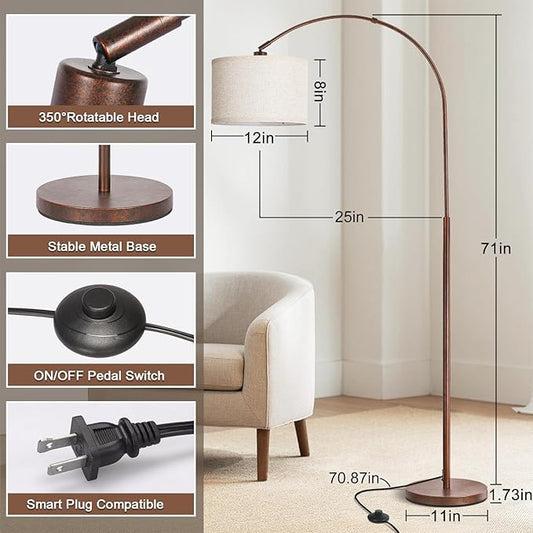 Floor Lamp for Living Room, Vintage Arc Floor Lamp with Adjustable Lamp Head, Tall Pole Lamp with On/Off Pedal Switch, Over Couch Arched Reading Light for Bedroom, Office, Study Room (Antique Bronze)