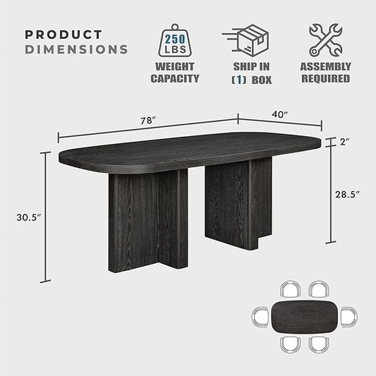 Lexicon 78 Inch Dining Table for 4-6 People, Rectangular with Textured Wood Grain Surface, Modern Ebony Finish Oak Veneer Kitchen Table for Dining Room/Kitchen, Ebony
