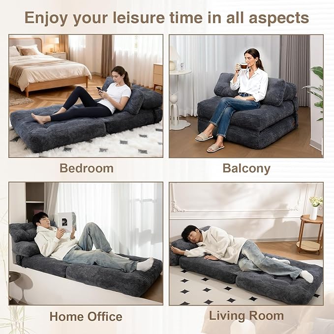 Folding Sofa Bed, Folding Chair Bed with Pillow, Convertible Lazy Sofa Bed with High-Density Support Foam, Fold Out Chair for Small Spaces Living Room Bedroom, Dark Grey