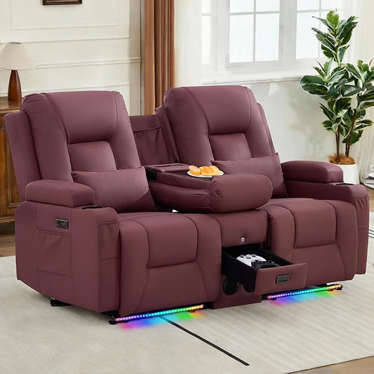 URRED Power Loveseat Recliner Sofa with Console, Wall Hugger Reclining Loveseat RV Couch with LED Light, 150° Zero Gravity Recliners Modular Couches for Living Room (Red, 68.1'' - 2 Seats)
