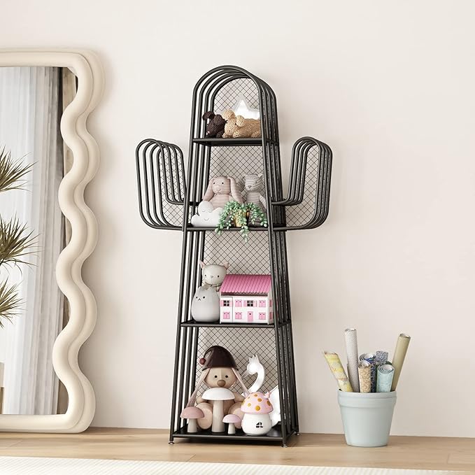 DOORXIF 4-Tier Industrial Bookshelf Freestanding, Cactus Bookcase Storage Organizer Closet Corner Metal Display Cabinet, Corner Black Bookshelf for Small Spaces, Industrial Bookcase for Bedroom Office