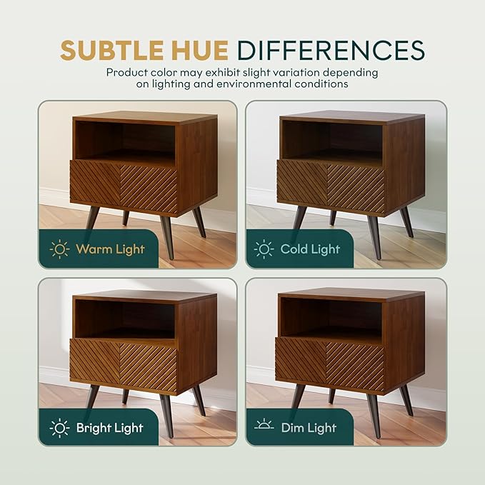 Bme Rhombus Wooden Nightstand with Storage Drawer – Solid Rubber Wood, Geometric Rhombus Pattern Front, Modern Scandinavian Side Table with Metal Base for Bedroom