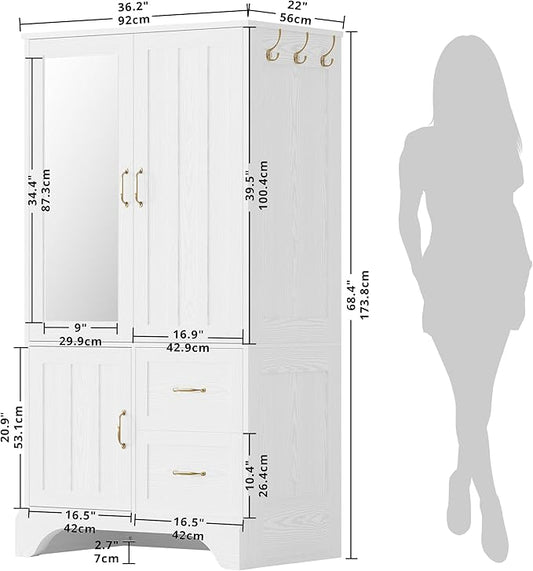 LIKIMIO Armoire Wardrobe Closet with Mirror and 3 Doors and 2 Drawers, Bedroom Wooden Armoire Storage Cabinet Combination with Hanging Rod for Bedroom, White