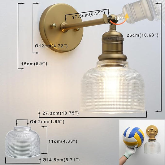 Yosoan Brass Gold Boho Vintage Wall Sconce with Striped Bowl Shade, 1-Light Modern Vanity Industrial Wall Mounted Hardwired Texture Glass Shade for Living Room Bedroom Fireplace Hallway(Antique)