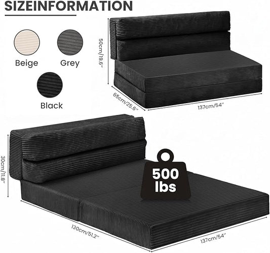 JUIKURY Folding Sofa Bed, Convertible Sleeper Chair with Pilow Foldable Matress, 2 in 1 Pull Out Loveseat Sofa Portable Fold Out Chair Bed Floor Couch Lounge for Living Room (Black, Full)