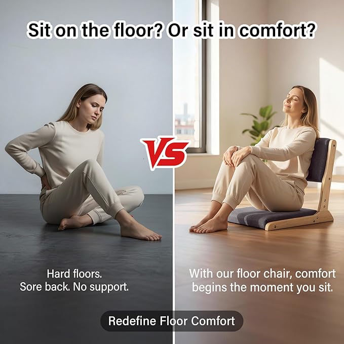 Tiita Foldable Tatami Chair, Japanese Floor Chair, Wood Legless Back Rest Chairs with Cushion, Accent Meditation Floor Chairs Bay Window, Wood Dark Grey