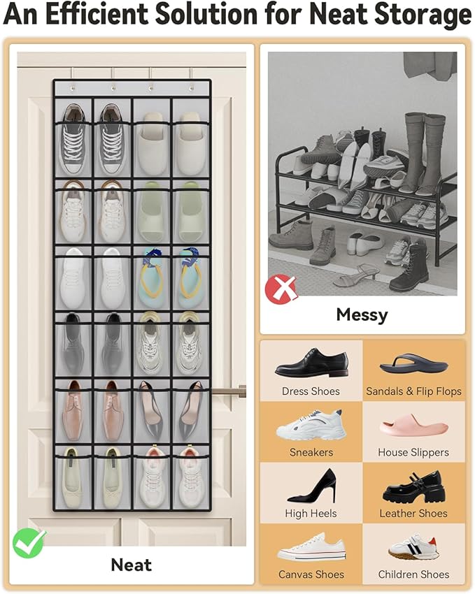 dodowin Over the Door Shoe Organizers, 2 Pack, Each with 24 Deep Mesh Pockets & 4 Metal Hooks, Over The Door Shoe Rack Space Saving Hanging Storage Holder for Closets, Shoes & Accessories, Gray