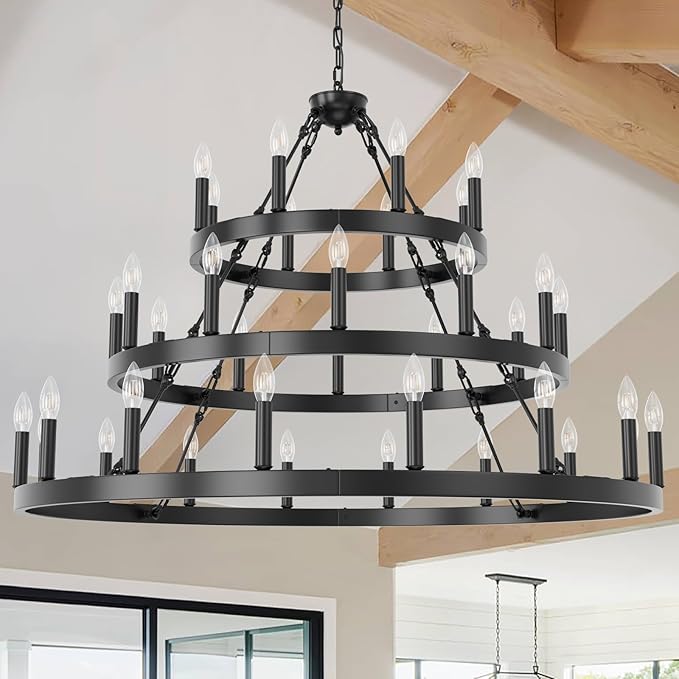 48 Inch Extra Large Black Wagon Wheel Chandelier, 3 Tier 36-Lights Farmhouse Pendant Light Fixture, Horse Wheel Lamp for High Ceiling Living Room, Dining Room, Hall, Porch, Stairs, Entrance, Passage