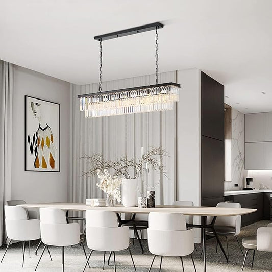 NOXARTE Rectangle Chandeliers for Dining Room, Modern Rectangular Crystal Chandelier Black 8 Lights Pendant Fixture for Kitchen Island Bar Living Room L47 Inch