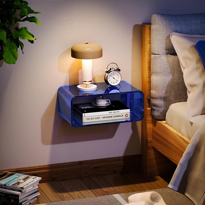 Acrylic Floating Nightstand, Bedside Table, Nightstand Shelf Wall Mounted Bedside Shelf (Dark Blue, Small)