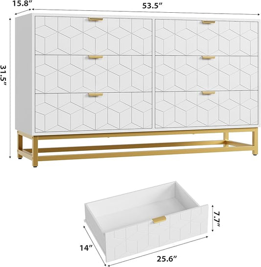 GAOMON Dresser for Bedroom, 53.5" Large Dresser Organizer, 6 Drawer with Golden Metal Handle and Legs, Modern Chest of Drawers, White Dressers with Drawers for Closet, Hallway, Living Room, Entryway
