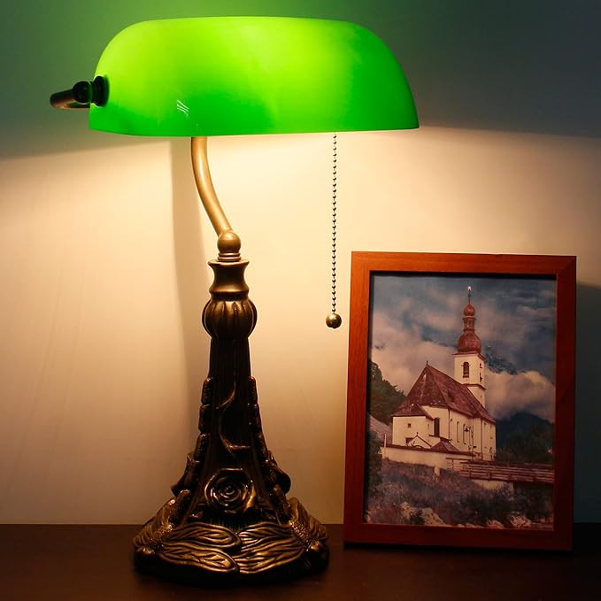 Tiffany Banker Lamp Small Stained Glass Table Lamp Tiffany Style Piano Light Green Glass Style Desk Lamp Angle Adjustable 10.6X15.7Inch for Home Office Living Room Bedroom