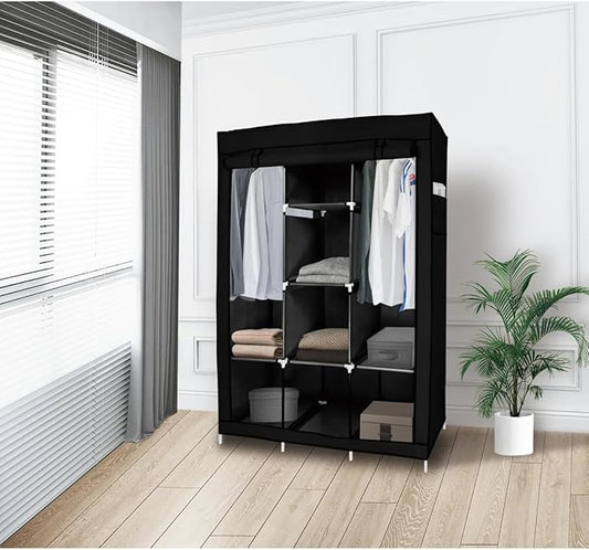 J&V TEXTILES Portable Closet Wardrobe Closet for Hanging Clothes with 8 Storage Shelves, 2 Hanging Rod and 4 Pockets, Free Standing Closet Clothes Organizer for Bedroom (Black)