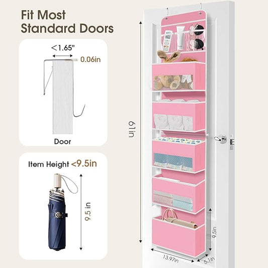 6-Tier Over The Door Organizer Hanging Storage Organizers with Clear Window 40lb Large Capacity Room Organizer for Pantry Bathroom Nursery Closet(Pink)