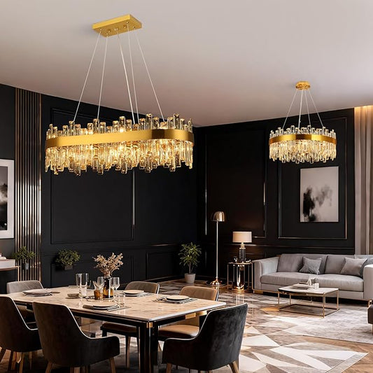 Gold Crystal Chandeliers for Dining Room Lights Fixtures Over Table, 16 Lights Modern Rectangle 2-Tier Chandeliers for Kitchen Island Bar L32 Inch