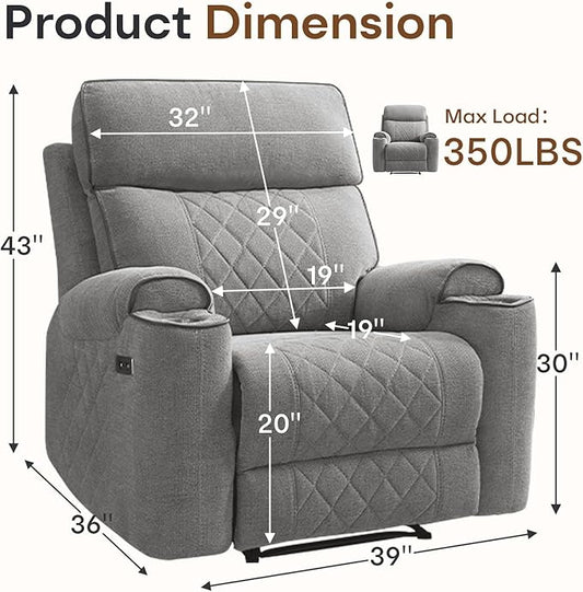 HAOMARKETS Power Recliner Chair for Adults with USB Port, Soft Fabric Electric Recliners with Metal Cup Holders, Single Overstuffed Heavy Duty Reclining Sofa Chairs for Living Room, Light Grey