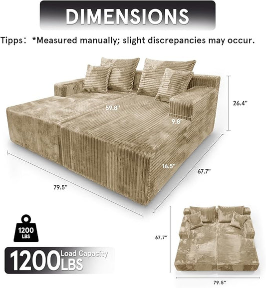 Sytopia Loveseat Chaise Lounge with Armrests, Oversized Sofa Bed with 4 Pillows, Cozy Boneless Sleeper, Modular Sectional Couch for Living Room Bedroom, Floor Chair Furniture sala Corduroy
