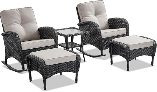 Belord Patio Rocking Chairs Furniture Set - 5 Piece Outdoor Wicker Furniture Sets with Ottomans, Small Patio Conversation Sets with Wicker Rocking Chairs Black/Beige