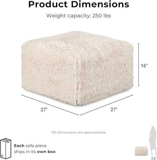 Furniture of America Havyn Modern Faux Fur 1-Seater Square Modular Foam Ottoman, Compressed Couch in a Box, No Assembly Required, for Living Room and Office, Sand