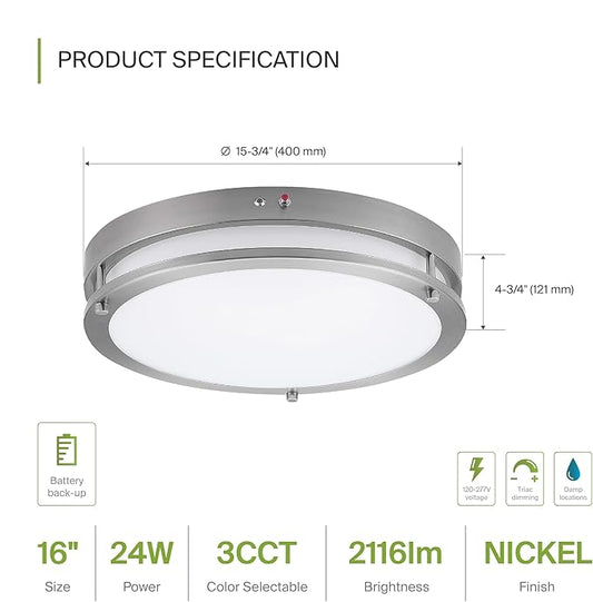 ASD LED 16" Round Flush Mount Lighting, Close to Ceiling Light Fixture | 3CCT, Dimmable, Battery Backup, ETL Listed | 24W 2116LM 3000-5000K 100-277V | Low Profile Double Ring Lamp | Nickel
