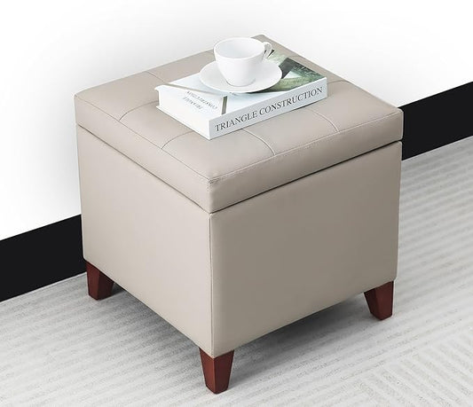 Adeco 18" Square Storage Ottoman, Premium Faux Leather Lift-Top Footrest & Coffee Table, Modern Upholstered Cube with Sturdy Wood Legs, Extra Seat for Living Room, Bedroom - Elephant Grey
