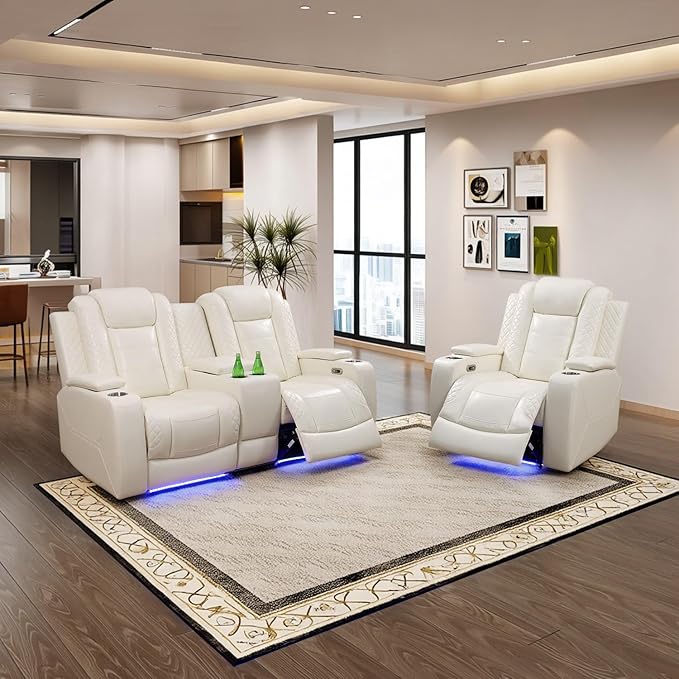 Power Leather Recliner Sofa Set with LED Light,Reclining Loveseat and Chair Set with Storage Console/USB Charger/Cup Holder,Leather Couch for Living Room Furniture(2+1 Seats,Cream Stripes)