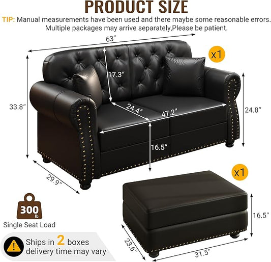 KEIKI 63" Faux Leather Chesterfield Sofa with Rolled Arms & Nailhead Trim & 1 Ottoman, 2-Seater Button Tufted Couch with High Resilience Cushion & 2 Pillow, Easy Assembly, for Living Room, Black