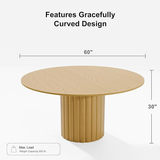 Casaphoria 60" Round Dining Table, Modern Wood Kitchen Table with Cylindrical Wide Bar Protruding Base for Living Room & Dining Room, Easy Assembly Farmhouse Furniture for 4-6, Oak