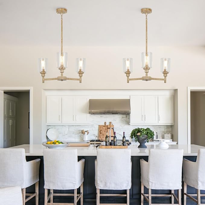 3 Light Farmhouse Chandelier | Rustic Chandeliers for Dining Room Light Fixtures | Fake Wood Hanging Lighting with Clear Glass Cover for Kitchen Island | Entryway | Bathroom | Corridor | Hallway