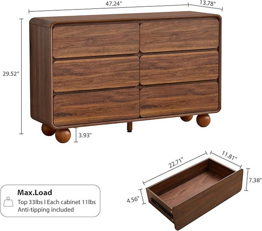AVZEAR Modern 6 Drawer Dresser for Bedroom, 48" Wide Wooden Dresser Chest of Drawers, Handle Free & Curved Profile Design, Mid Century Closet Clothes Storage Organizer for Living Room, Walnut